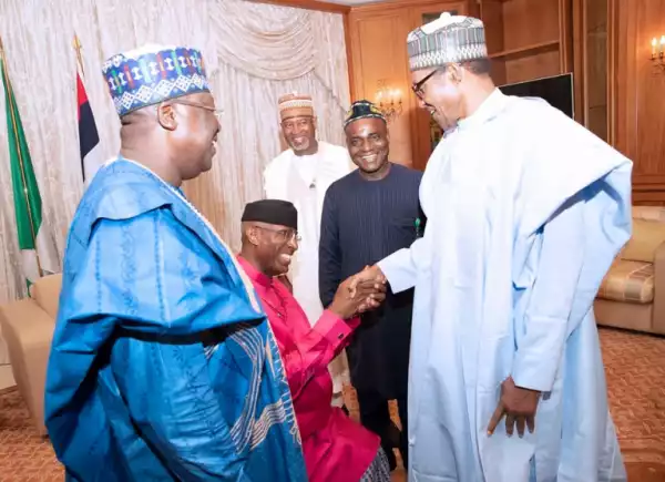 New Deputy Senate President Goes On His Knees To Greet President Buhari At The Villa (PHOTOS & VIDEO)